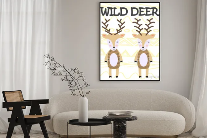Plakat: Cute cartoon deer. composition with folk art animals and floral