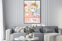 Plakat: Cute cartoon girl i jednorożec