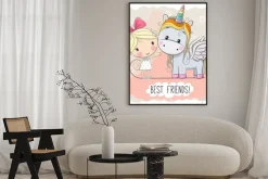 Plakat: Cute cartoon girl i jednorożec