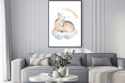 Plakat: Cute dreaming cartoon deer animal hand drawn watercolor illustration.