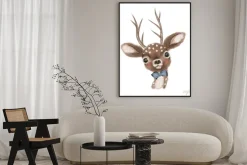 Plakat: Cute hand drawn deer, fawn with bow, woodland watercolor animal