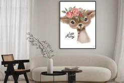 Plakat: Cute hand drawn deer, fawn in floral wreath, flowers bouquet,