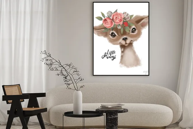 Plakat: Cute hand drawn deer, fawn in floral wreath, flowers bouquet,