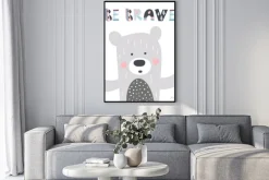 Plakat: Cute hand drawn nursery poster with bear and letters be brave