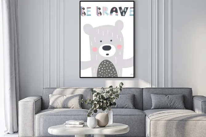 Plakat: Cute hand drawn nursery poster with bear and letters be brave