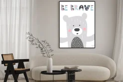 Plakat: Cute hand drawn nursery poster with bear and letters be brave