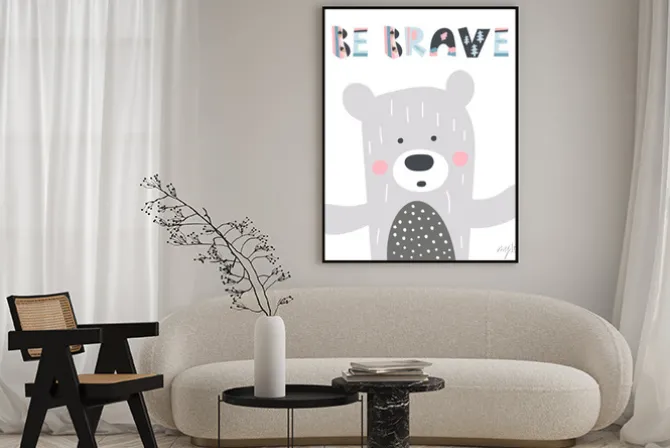 Plakat: Cute hand drawn nursery poster with bear and letters be brave