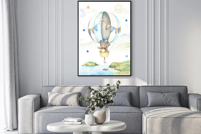 Plakat: Cute little bear in hot air balloon illustration. hand painted