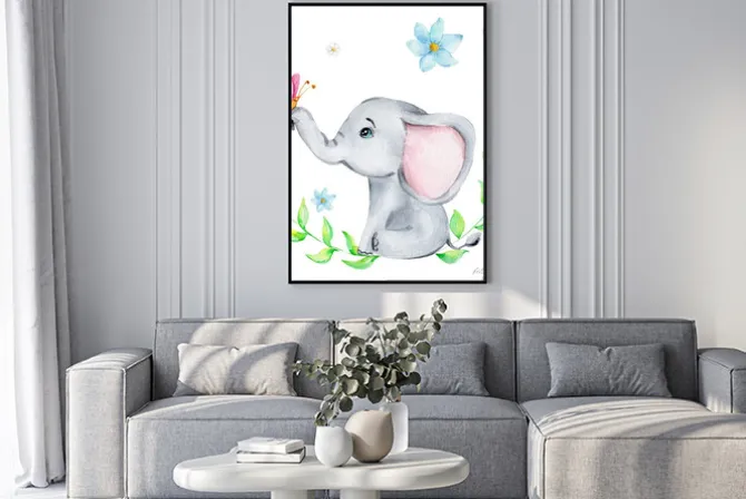 Plakat: Cute little elephant with pink butterfly and flowers; watercolor