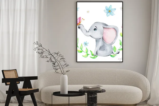 Plakat: Cute little elephant with pink butterfly and flowers; watercolor
