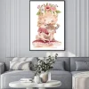 Plakat: Cute little girl with a deer, bird and flowers. best friends