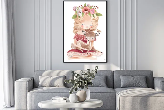 Plakat: Cute little girl with a deer, bird and flowers. best friends