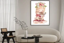 Plakat: Cute little girl with a deer, bird and flowers. best friends