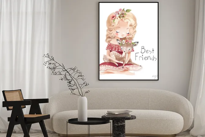 Plakat: Cute little girl with a deer, bird and flowers. best friends