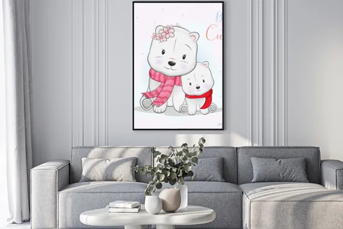 Plakat: Cute polar bear with scarf walking in the snow