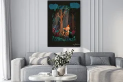 Plakat: Cute red fox sitting in the forest fairytale illustration, greeting