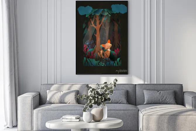 Plakat: Cute red fox sitting in the forest fairytale illustration, greeting