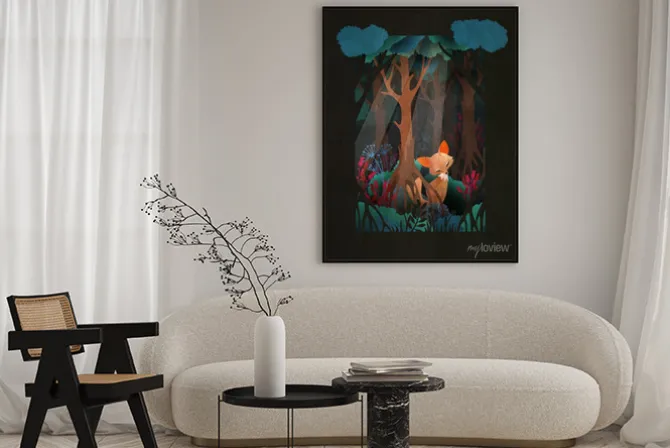 Plakat: Cute red fox sitting in the forest fairytale illustration, greeting