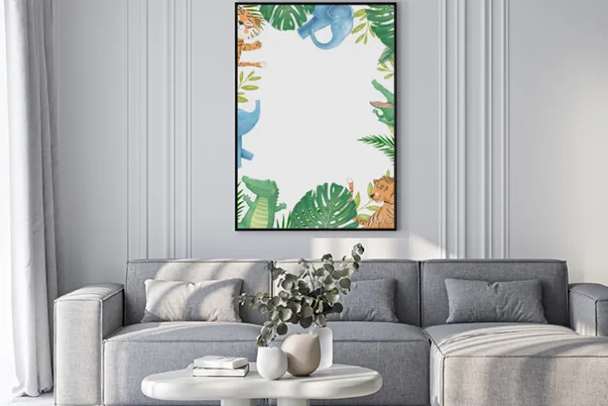 Plakat: Cute safari watercolor cartoon animals border with cloud shaped