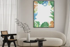 Plakat: Cute safari watercolor cartoon animals border with cloud shaped