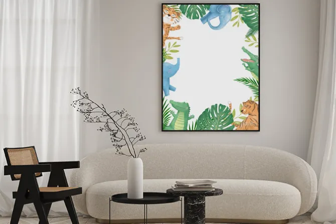 Plakat: Cute safari watercolor cartoon animals border with cloud shaped