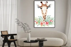 Plakat: Cute watercolor geraffe with tropical flowers card