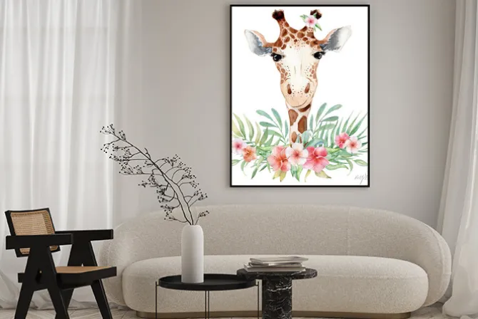 Plakat: Cute watercolor geraffe with tropical flowers card