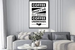 Plakat: Cytat o kawie na czarno-białej grafice