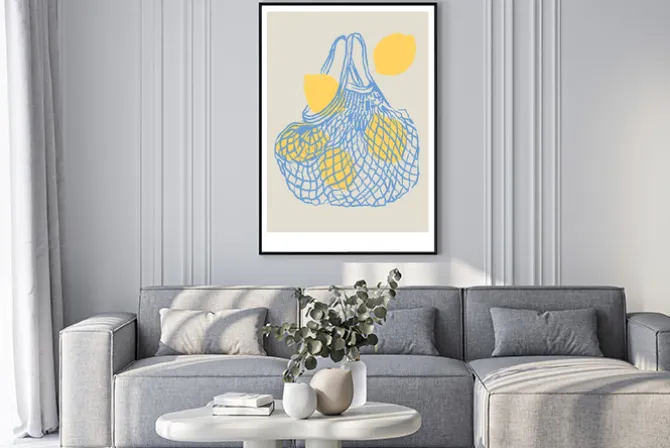 Plakat: Cytryny w lnianym niebieskim woreczku