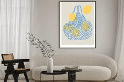 Plakat: Cytryny w lnianym niebieskim woreczku