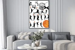 Plakat: Czarne sylwetki koszykarzy w akcji