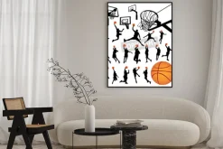 Plakat: Czarne sylwetki koszykarzy w akcji