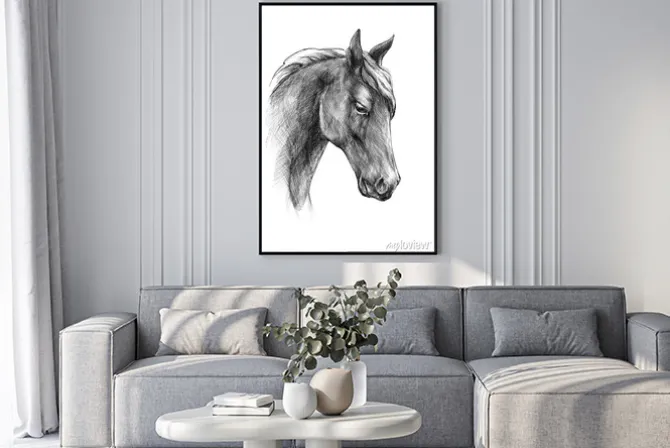 Plakat: Czarno biały rysunek głowy konia