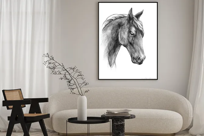 Plakat: Czarno biały rysunek głowy konia