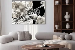 Plakat: Czarno biały rysunek trębacza