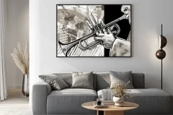 Plakat: Czarno biały rysunek trębacza