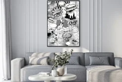 Plakat: Czarno-biała strona komiksu z dymkami i rakietą