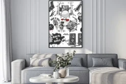 Plakat: Czarno-białe instrumenty i elementy rockowe