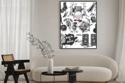 Plakat: Czarno-białe instrumenty i elementy rockowe