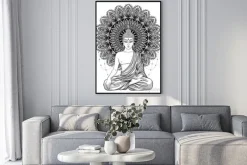 Plakat: Czarno-biały budda na tle mandali