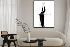 Plakat: Czarno-biały szkic kobiety w czarnej sukni wieczorowej