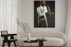 Plakat: Czarny amerykański jazzowy saksofonista. vintage. studio strzał.