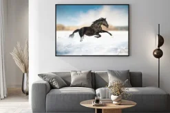 Plakat: Czarny koń prowadzony w śniegu