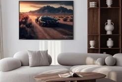 Plakat: Czarny samochód na pustyni