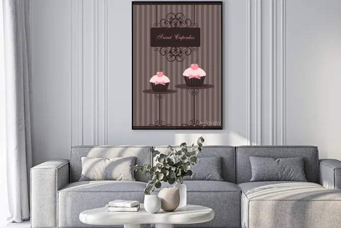 Plakat: Czekoladowe babeczki z wiśniami i różową kokardką