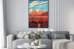 Plakat: Czerwone auto na tle gór ilustracja retro