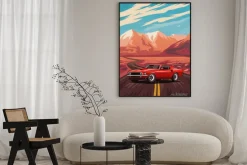 Plakat: Czerwone auto na tle gór ilustracja retro