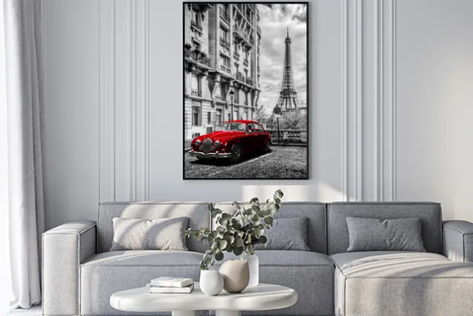 Plakat: Czerwone retro auto i wieża eiffla w paryżu