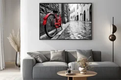 Plakat: Czerwony rower i czarno-biała architektura