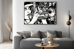 Plakat: Człowiek gra na trąbce w dzielnicy czerwonych latarni